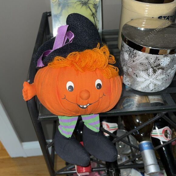 Vintage Hallmark Pumpkin Bean Bag Halloween Jack O Lantern Decor Shelf Sitter - Picture 2 of 13